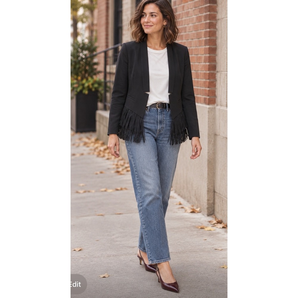 Banana Republic Fringe Blazer Black Wool Blend Jacket 10  Eclectic Dark Academia